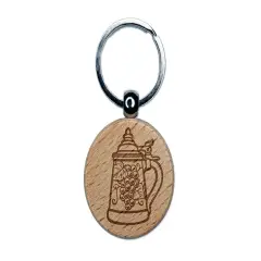 Hand Drawn German Beer Stein Engraved Wood Round Keychain Tag Charm