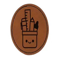 Kawaii Pencil Holder Teacher School Round Iron-On Engraved Faux Leather Patch Applique - 2.5" Brown