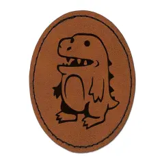 Silly Cartoon Dinosaur Round Iron-On Engraved Faux Leather Patch Applique - 2.5" Brown