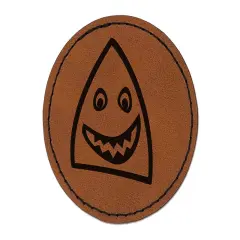 Cheerful Shark Face Round Iron-On Engraved Faux Leather Patch Applique - 2.5" Brown