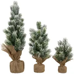 Northlight Mini Flocked Pine Artificial Christmas Trees with Burlap Base - 18" - Set of 3 Green