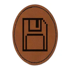 Pixel Save Floppy Disk Icon Round Iron-On Engraved Faux Leather Patch Applique - 2.5" Brown