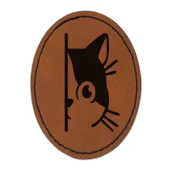 Curious Kitty Cat Hiding Peeking Around Corner Round Iron-On Engraved Faux Leather Patch Applique - 2.5" Brown