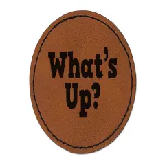 What's Up Fun Text Round Iron-On Engraved Faux Leather Patch Applique - 2.5" Brown