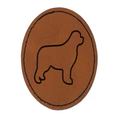 Newfoundland Dog Outline Round Iron-On Engraved Faux Leather Patch Applique - 2.5" Brown
