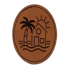 Beach House Palm Tree Ocean Round Iron-On Engraved Faux Leather Patch Applique - 2.5" Brown