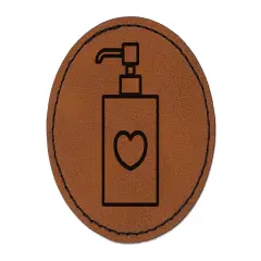 Soap Sanitizer Dispenser with Heart Round Iron-On Engraved Faux Leather Patch Applique - 2.5" Brown