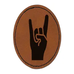 Sign of the Horns Rock and Roll Hand Gesture Round Iron-On Engraved Faux Leather Patch Applique - 2.5" Brown
