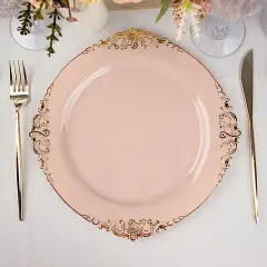 10 Pcs Disposable Plastic Salad Dinner Plates Embossed Baroque Trim Party Blush