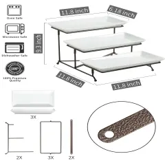 3 Tier Serving Stand Collapsible Sturdier Rack with 3 Porcelain Serving Platters Tier Serving Trays for Fruit Dessert Presentation Thanksgiving Christmas Party Display Set, 12 Inch, Bronze