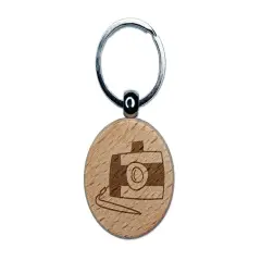 Digital Camera Doodle Engraved Wood Round Keychain Tag Charm
