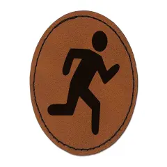 Running Icon Marathon Runner Round Iron-On Engraved Faux Leather Patch Applique - 2.5" Brown