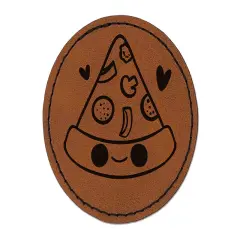 Deliciously Kawaii Chibi Pizza Slice Round Iron-On Engraved Faux Leather Patch Applique - 2.5" Brown