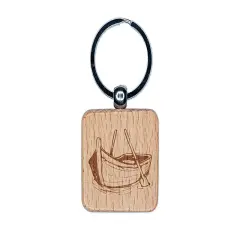 Sketchy Rowboat on the Water with Paddles Engraved Wood Square Keychain Tag Charm