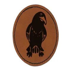Curious Crow Raven Tilting Head Round Iron-On Engraved Faux Leather Patch Applique - 2.5" Brown