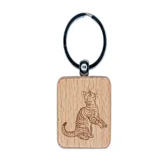 Playful Tabby Cat Domestic Shorthair Engraved Wood Square Keychain Tag Charm