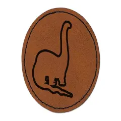 Brachiosaurus Dinosaur Outline Round Iron-On Engraved Faux Leather Patch Applique - 2.5" Brown