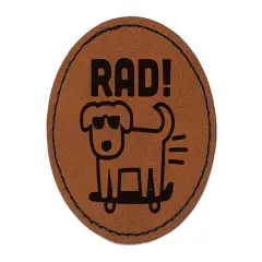 Rad Dog on a Skateboard Round Iron-On Engraved Faux Leather Patch Applique - 2.5" Brown