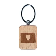 Kansas State with Heart Engraved Wood Square Keychain Tag Charm