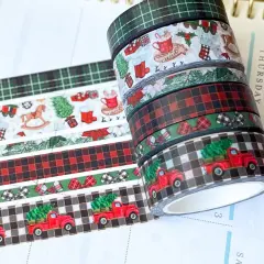 Christmas Rustic Red Truck Buffalo Plaid Green & Red Holiday Washi Tape Set (#W073)