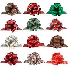 PintreeLand 12PCS Christmas Gift Bows, 5&rdquo; Xmas Wrap Pull Bows with Ribbon Wrapping Accessory for Present, Florist, Bouquet, Basket Decor, Easy to Assemble