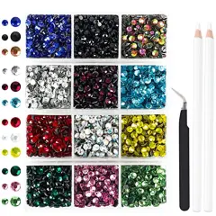 5400 Pieces Multicolor Rhinestones 12 Mixed Color Hotfix Rhinestones Flatback Gemstones and Crystals for Halloween Costume Accessories, Crafts with Tweezers and 2 Picking Pens