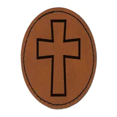 Cross Angled Christian Church Religion Outline Round Iron-On Engraved Faux Leather Patch Applique - 2.5" Brown