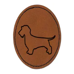 Wirehaired Dachshund Dog Outline Round Iron-On Engraved Faux Leather Patch Applique - 2.5" Brown