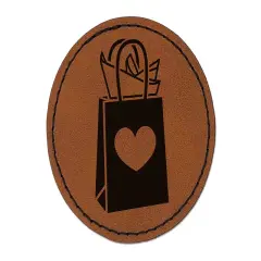 Gift Bag Heart Present Round Iron-On Engraved Faux Leather Patch Applique - 2.5" Brown
