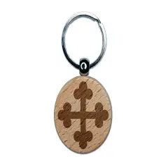 Cross Bottony Trefoil Buds Engraved Wood Round Keychain Tag Charm