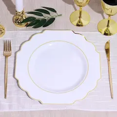 10 Pcs 12" Disposable Baroque Plastic Dinner Plates with Gold Rim White & gold