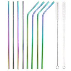 Kitcheniva 8PCS 10.5" Stainless Steel Ultra Long Metal Cocktail Straw And 2 Cleaner Brush Mermaid rainbow