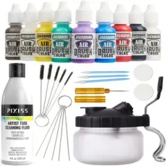 Air Brush Painting Set - Jacquard Opaque Airbrush Exciter Pack (9 Bottles .5oz) - Airbrush Cleaner Pot and Brush Cleaner Fluid (4 fl oz) from Pixiss - Acrylic Set and Airbrush Accessories G