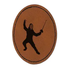 Fencer Holding Fencing Swords Round Iron-On Engraved Faux Leather Patch Applique - 2.5" Brown
