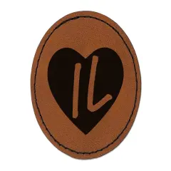 IL Illinois State in Heart Round Iron-On Engraved Faux Leather Patch Applique - 2.5" Brown