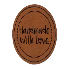 Handmade with Love Heart Dotted Circle Round Iron-On Engraved Faux Leather Patch Applique - 2.5" Brown