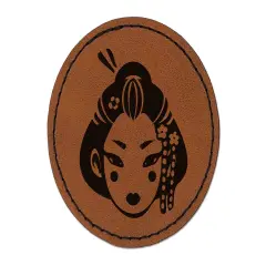 Japanese Geisha Woman Head Round Iron-On Engraved Faux Leather Patch Applique - 2.5" Brown