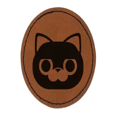 Round Cat Face Concerned Round Iron-On Engraved Faux Leather Patch Applique - 2.5" Brown