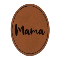 Mama Cursive Text Mom Mother Round Iron-On Engraved Faux Leather Patch Applique - 2.5" Brown