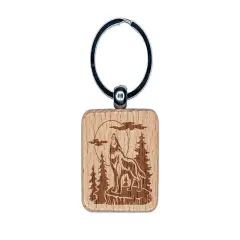 Wild Wolf Howling At the Moon in Forest Engraved Wood Square Keychain Tag Charm