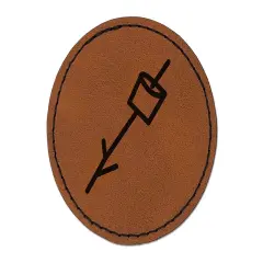 Marshmallow on a Stick S'mores Camping Doodle Round Iron-On Engraved Faux Leather Patch Applique - 2.5" Brown