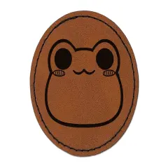 Charming Kawaii Chibi Smug Frog Toad Face Blushing Cheeks Round Iron-On Engraved Faux Leather Patch Applique - 2.5" Brown