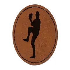 Baseball Player Pitcher Winding Up Round Iron-On Engraved Faux Leather Patch Applique - 2.5" Brown
