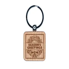 Season's Greetings Christmas Wreath Engraved Wood Square Keychain Tag Charm