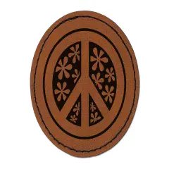 Peace Sign With Flowers Round Iron-On Engraved Faux Leather Patch Applique - 2.5" Brown