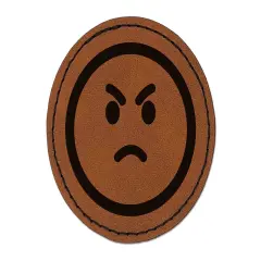 Angry Mad Face Emoticon Round Iron-On Engraved Faux Leather Patch Applique - 2.5" Brown