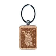 Sloth Astronaut Floating in Space Engraved Wood Square Keychain Tag Charm