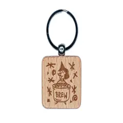Witches Brew Pot Halloween Fun Engraved Wood Square Keychain Tag Charm