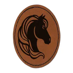 Horse Head Flowing Mane Stallion Round Iron-On Engraved Faux Leather Patch Applique - 2.5" Brown