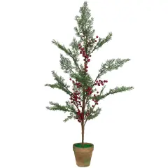Northlight Pre-Lit Berries and Pine Artificial Potted Christmas Tree - 3' - Warm White LED Lights Green